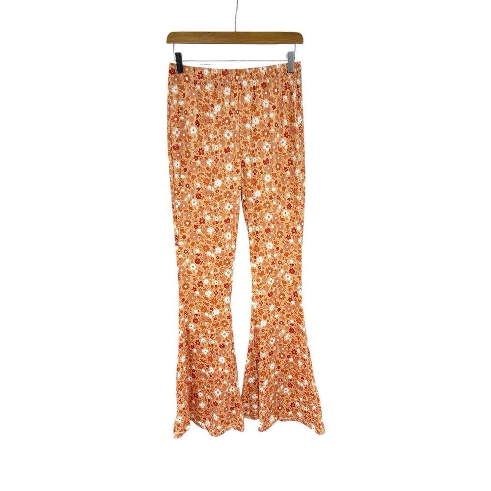 Daisy Del Sol Orange Yellow Floral Stretch Boho Flare Bell Bottom Pants Size M